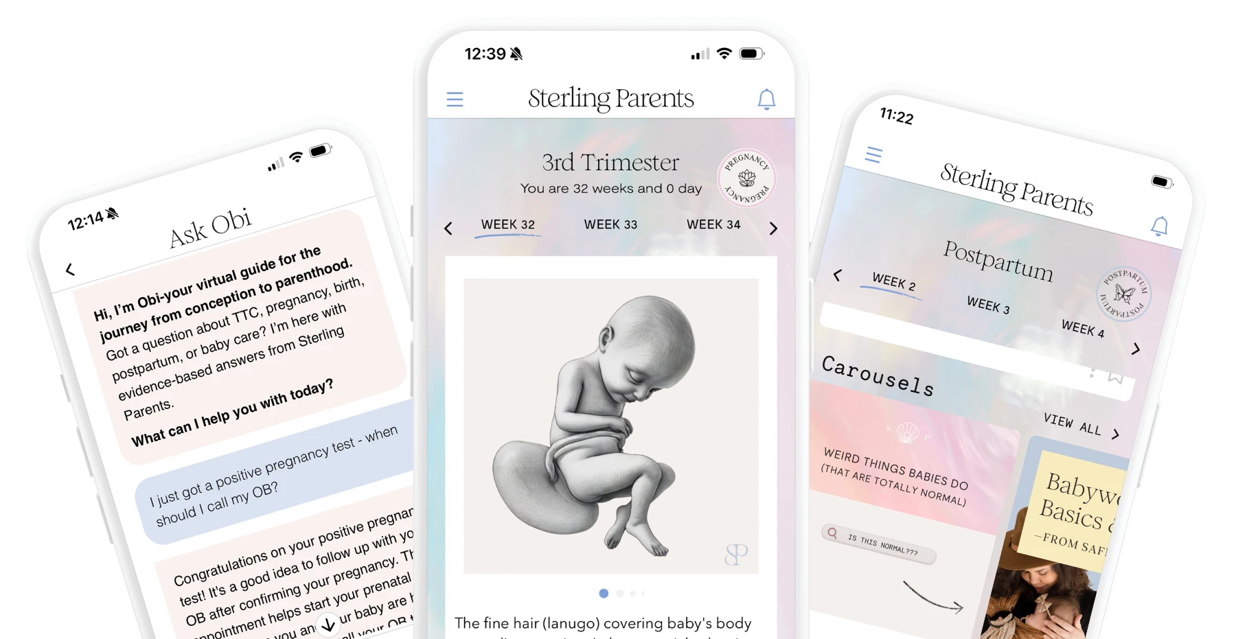 Sterling Parents app showing Obi, the AI pregnancy companion
